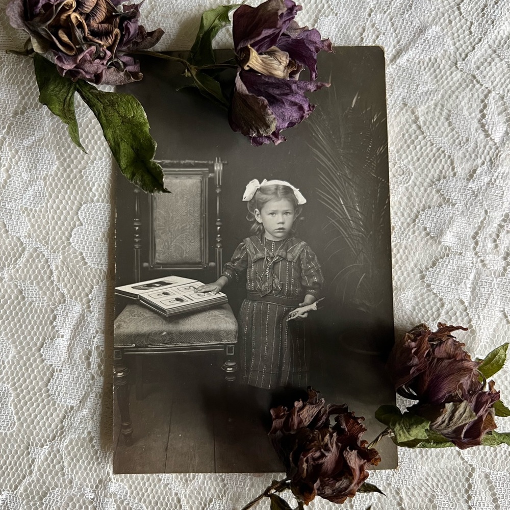 Antique RPPC Portrait, Real Photo Postcard, Little Girl with Family Album